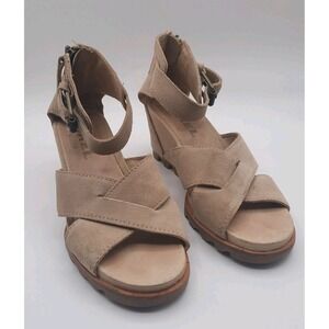 Sorel Joanie II Ankle Strap Wedge Sandals Tan Leather Size 8.5 Women's